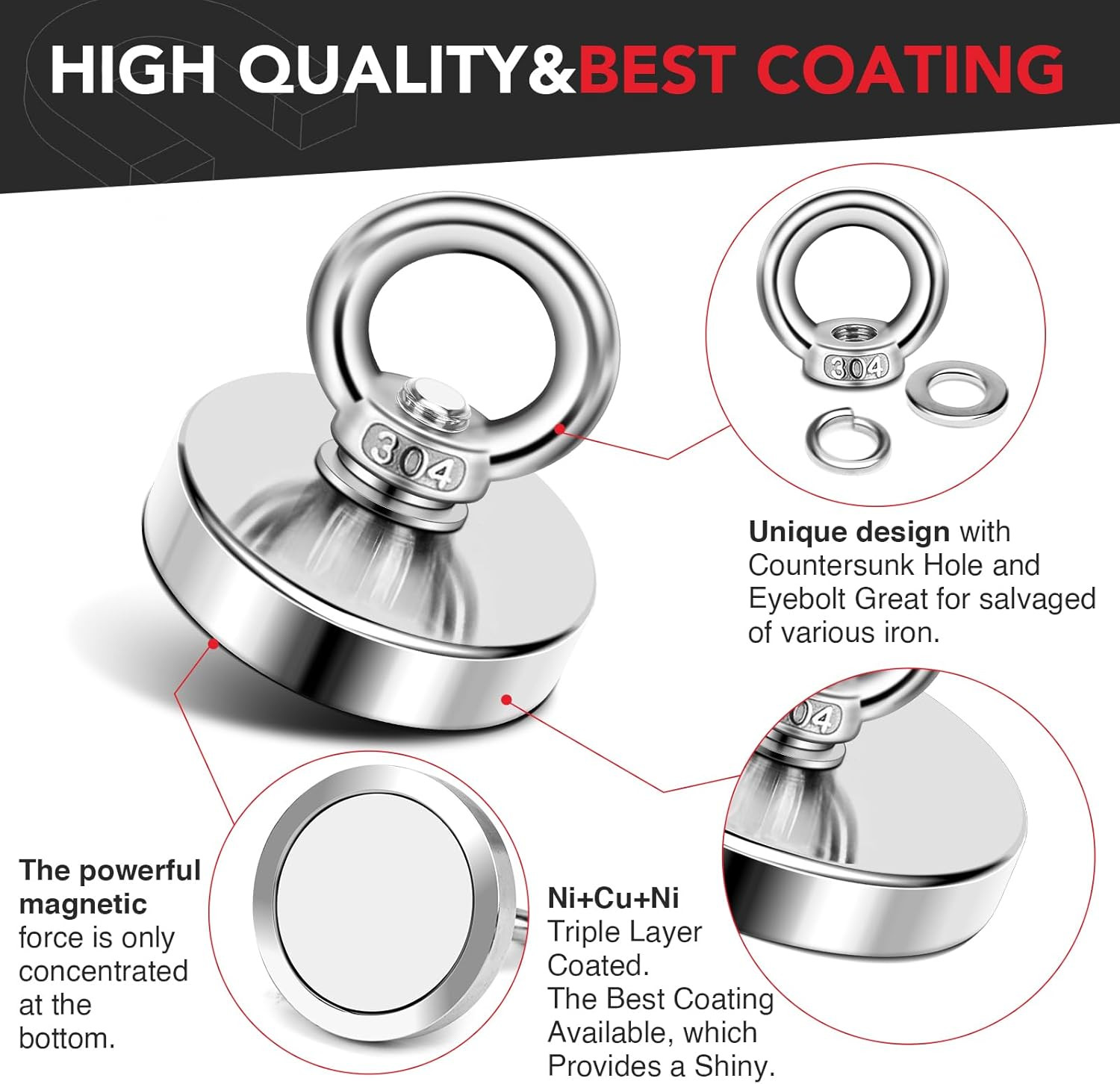 Strong Neodymium Fishing Magnets 150 Lbs(68 KG) Pulling Force Rare Earth Magnet