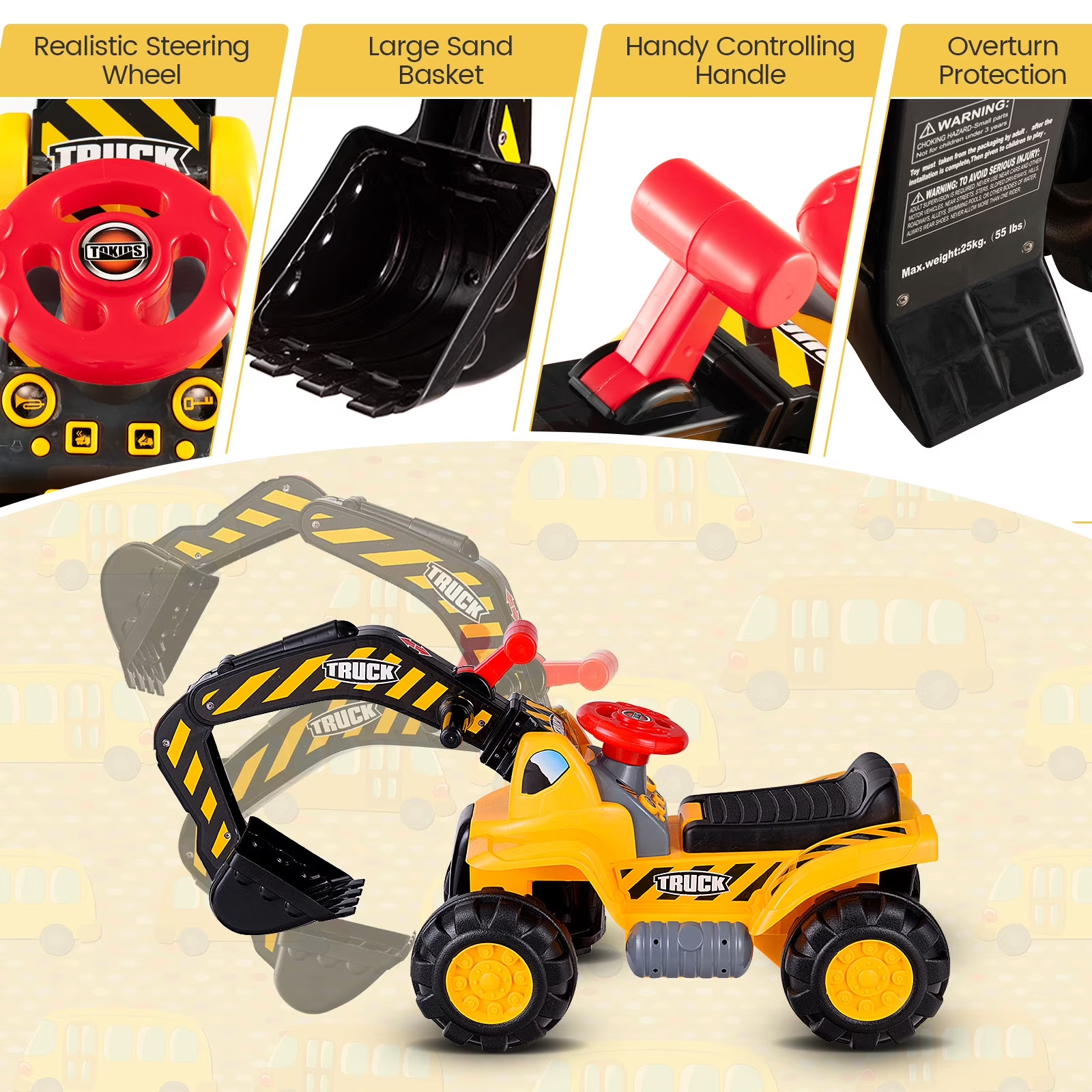 Costway Toddler Ride On Excavator Digger Truck Scooter Seat Storage w/Sound&Hel