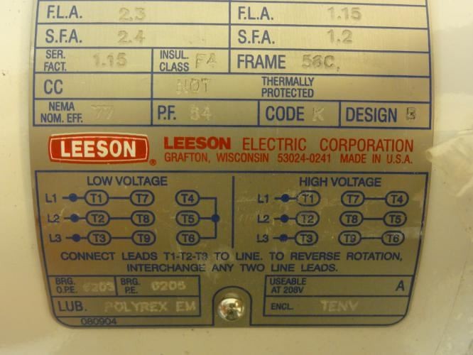 207132 Old-Stock; Leeson 115743 AC Motor; 1/2HP; 1140RPM; 208-230/460V
