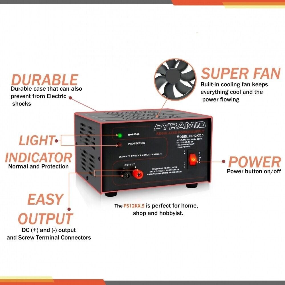 PYRAMID 13.8V AC/DC Regulated 10Amp Power Supply PS12KX