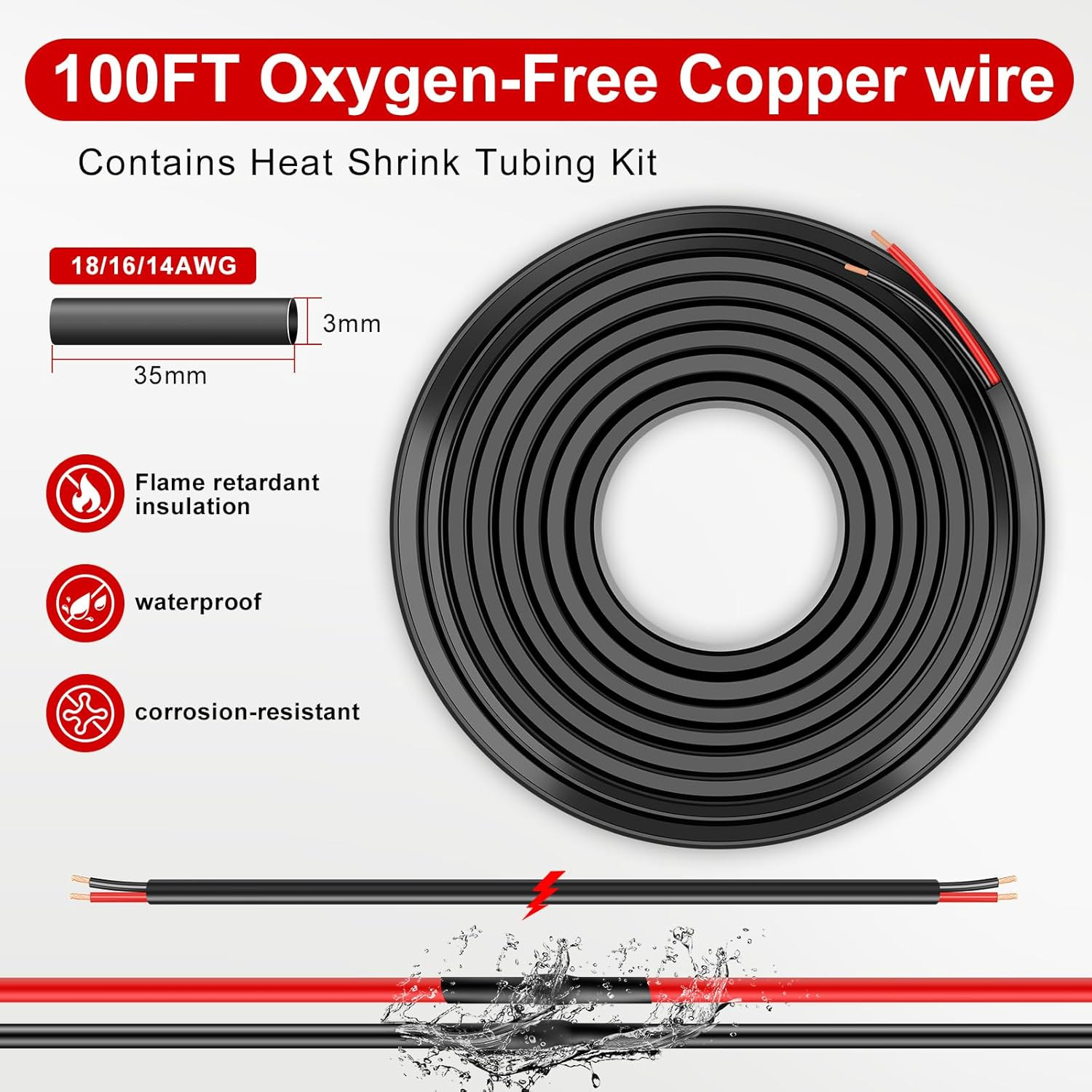 18 Gauge 2 Conductor PVC Wire 100FT 18/2 Low Voltage Copper Cable Outdoor