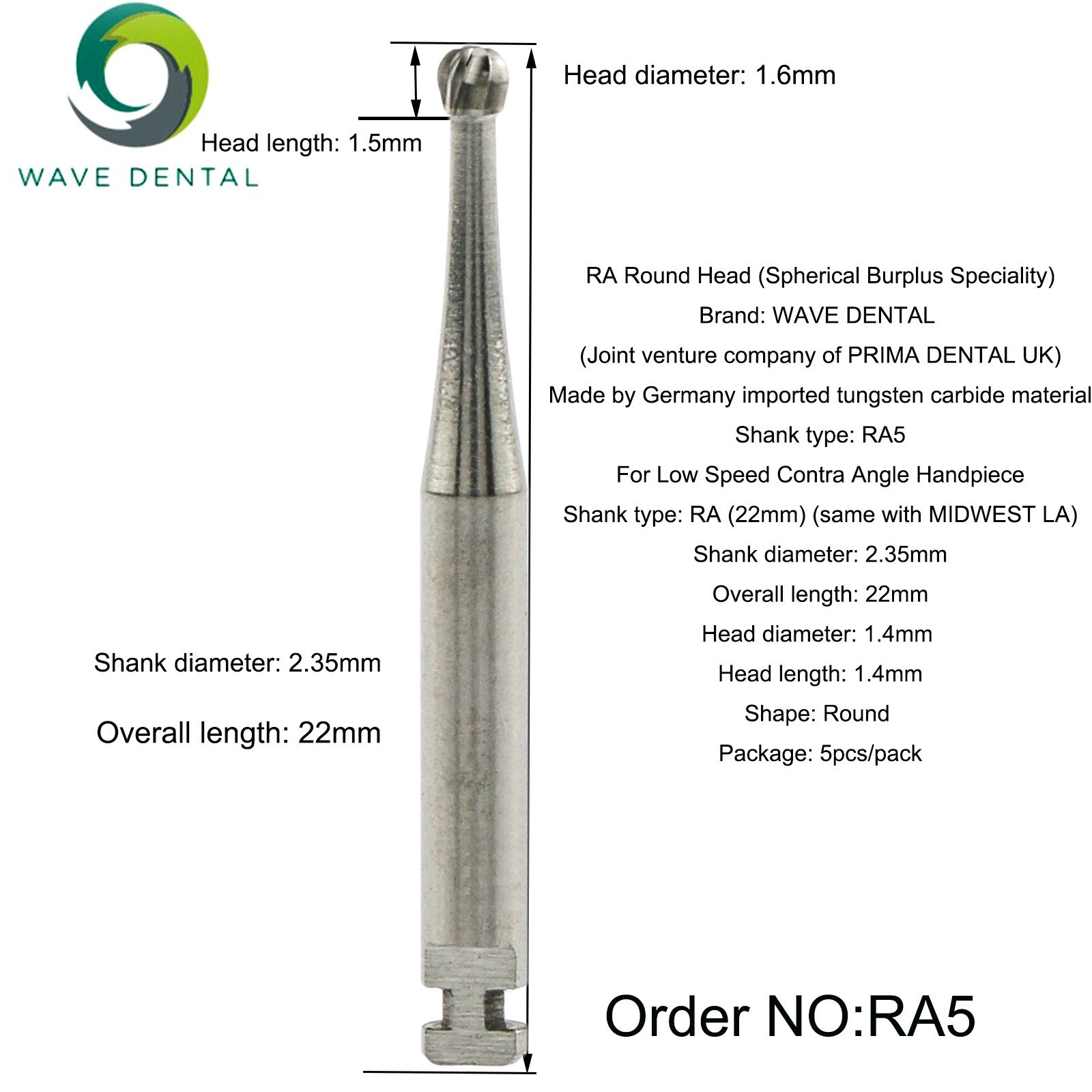 US WAVE Dental Burs Round Latch RA 2.35mm COXO Low Speed Contra Angle Handpiece