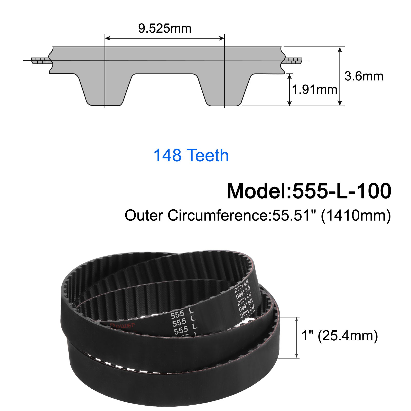 555-L-100 l Timing Belt 55.51″ Pitch Length x 1″ Width, 148 Teeth