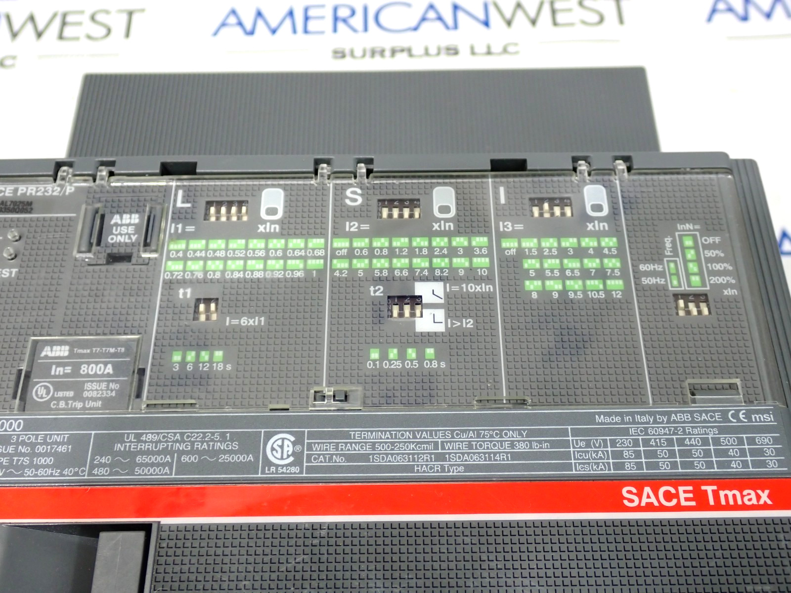ABB T7S1000 T7S800 1000A 600V Frame Breaker 800A Rating Plug PR232/P LSI Trip