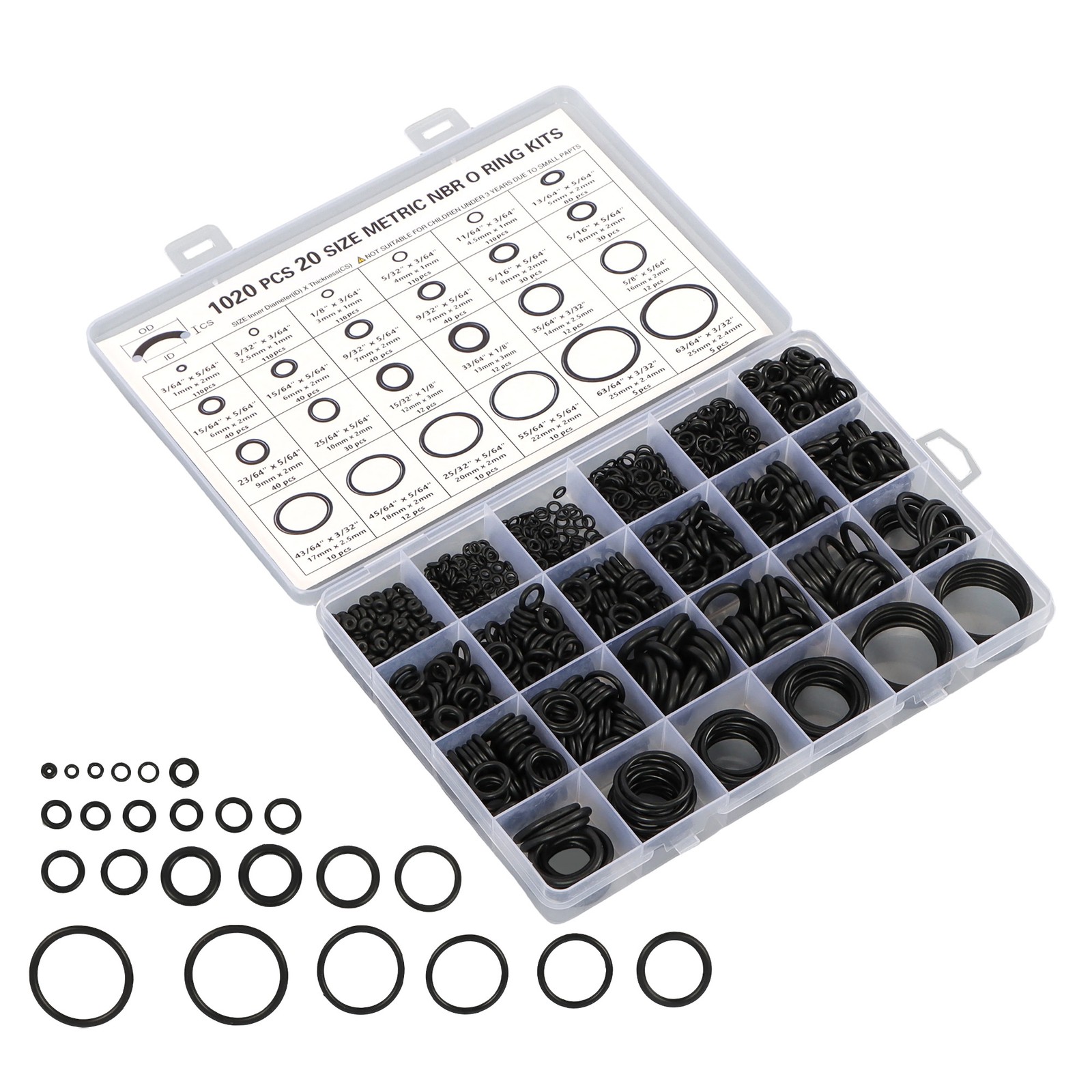 1020 Pcs O-Ring Kit 20 Sizes Nitrile Rubber Assortment Set, Oil & Heat Resistant