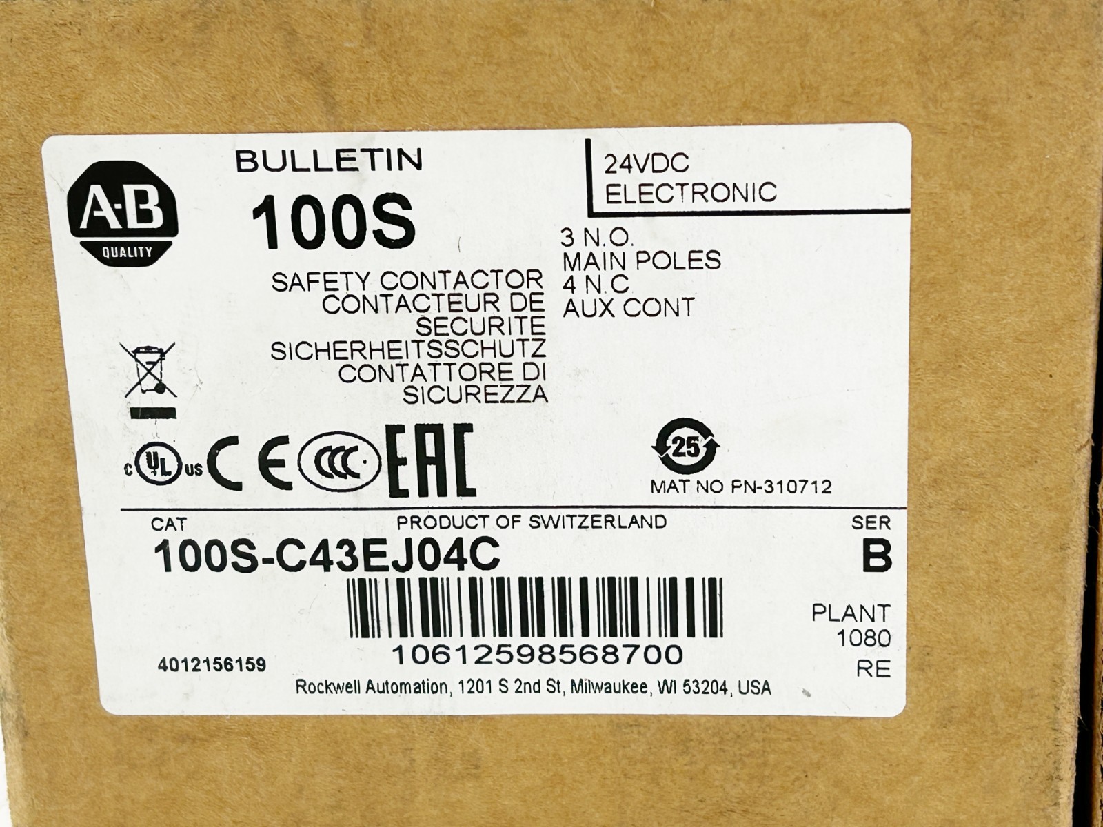 New Allen Bradley 100S-C43EJ04C Safety Contactor 43A 24VDC Ser.B