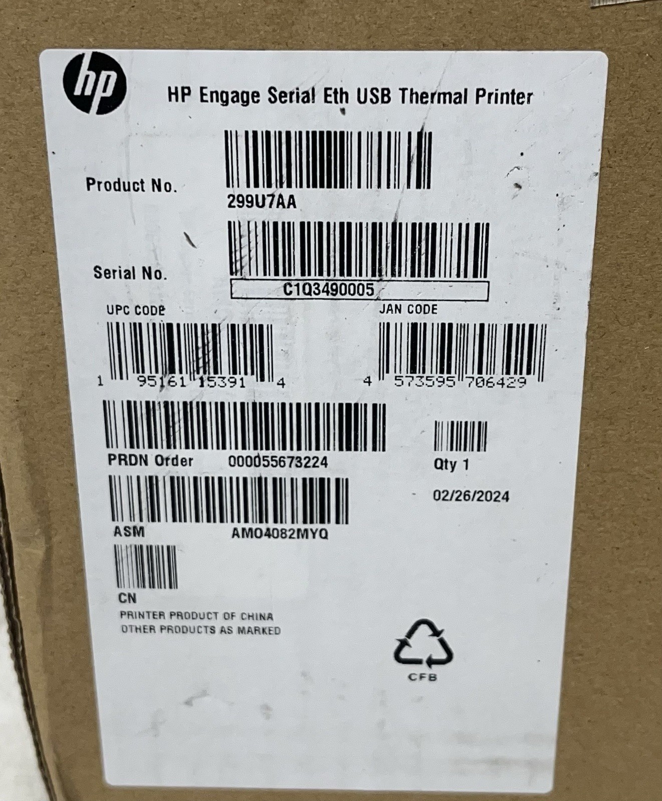 HP Engage One Pro Serial Ethernet USB Thermal Printer 299U7AA