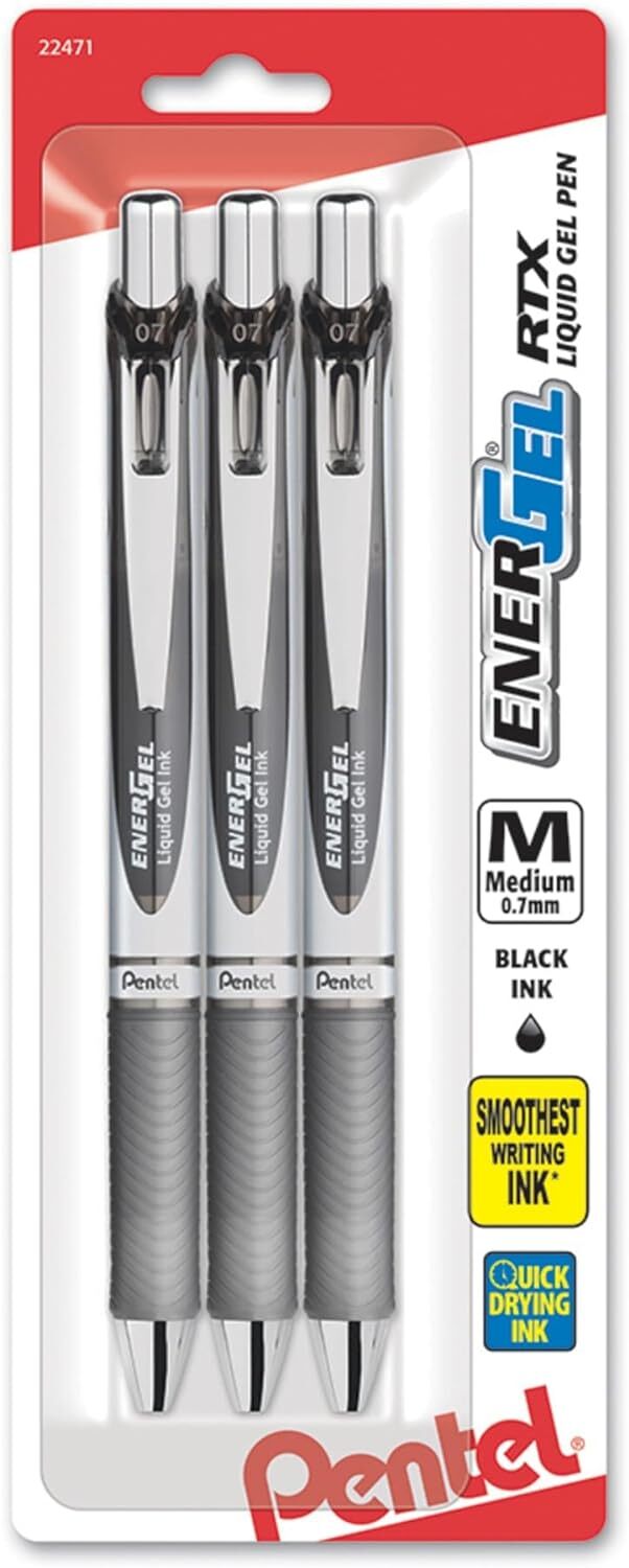 Pentel EnerGel RTX Gel Ink Pens, 0.7 Millimeter Metal Tip, Black Ink, 3 Packs