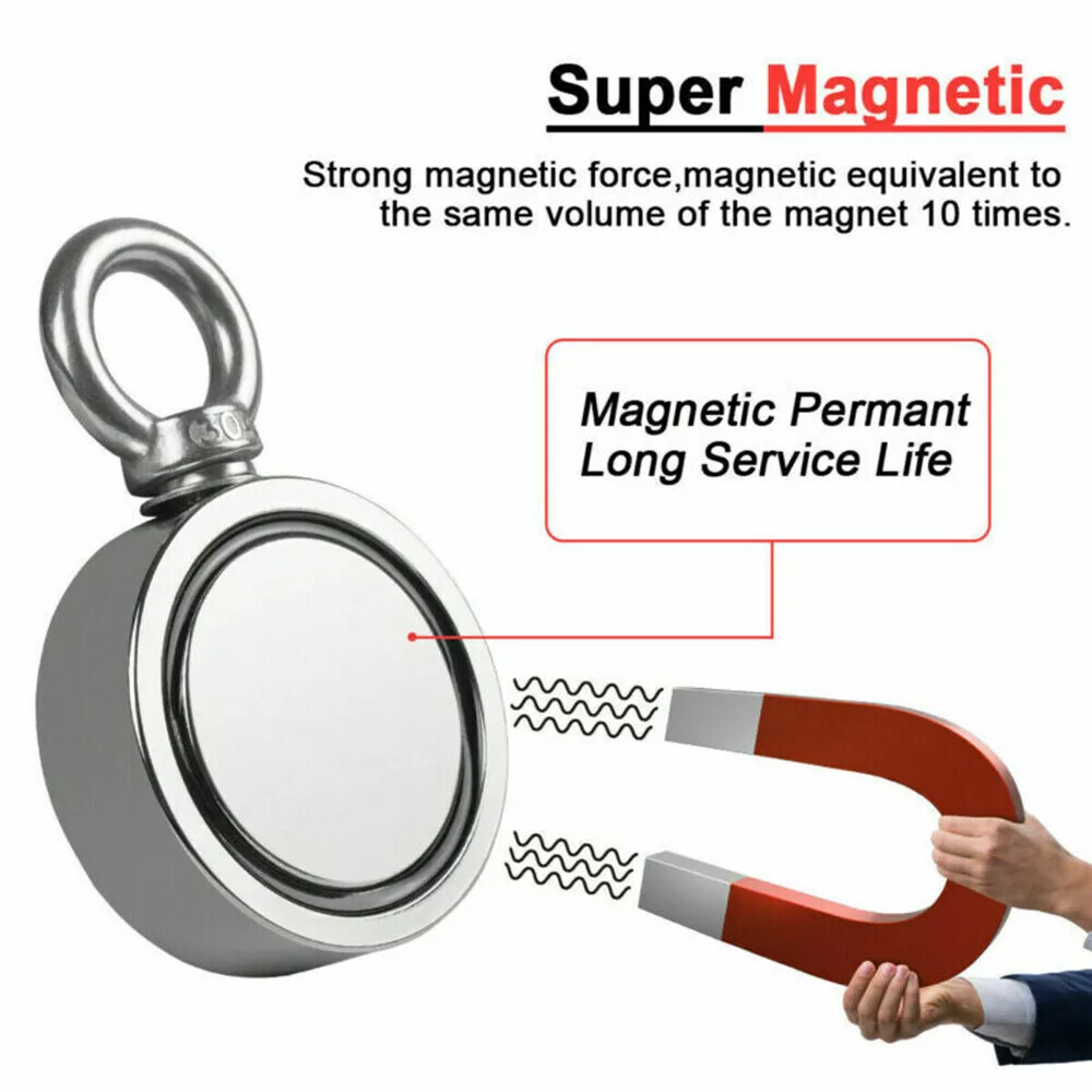 2000 LBS Strong Fishing Magnet Kit Double-Sided Pull Force and Rope Carabiner US