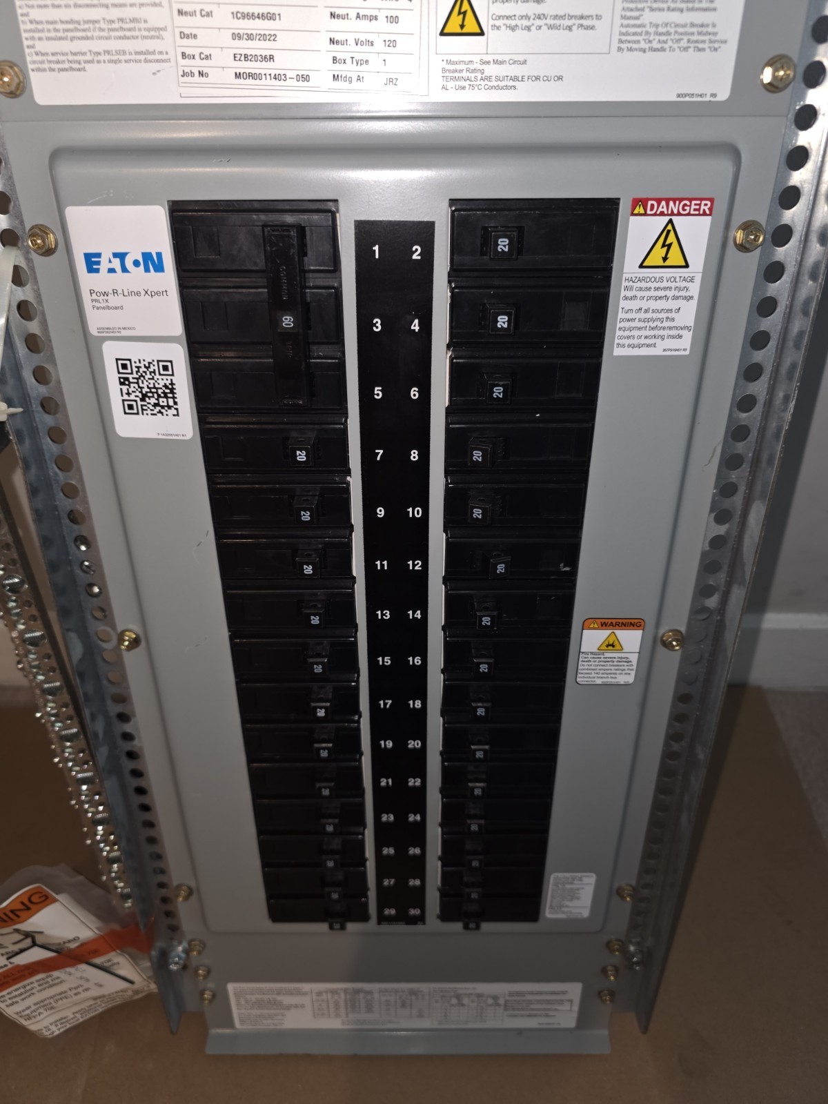 Eaton PRL1X Panelboard Interior 100 Amp 120/208V 3PH 4W 30 Space BA Breakers