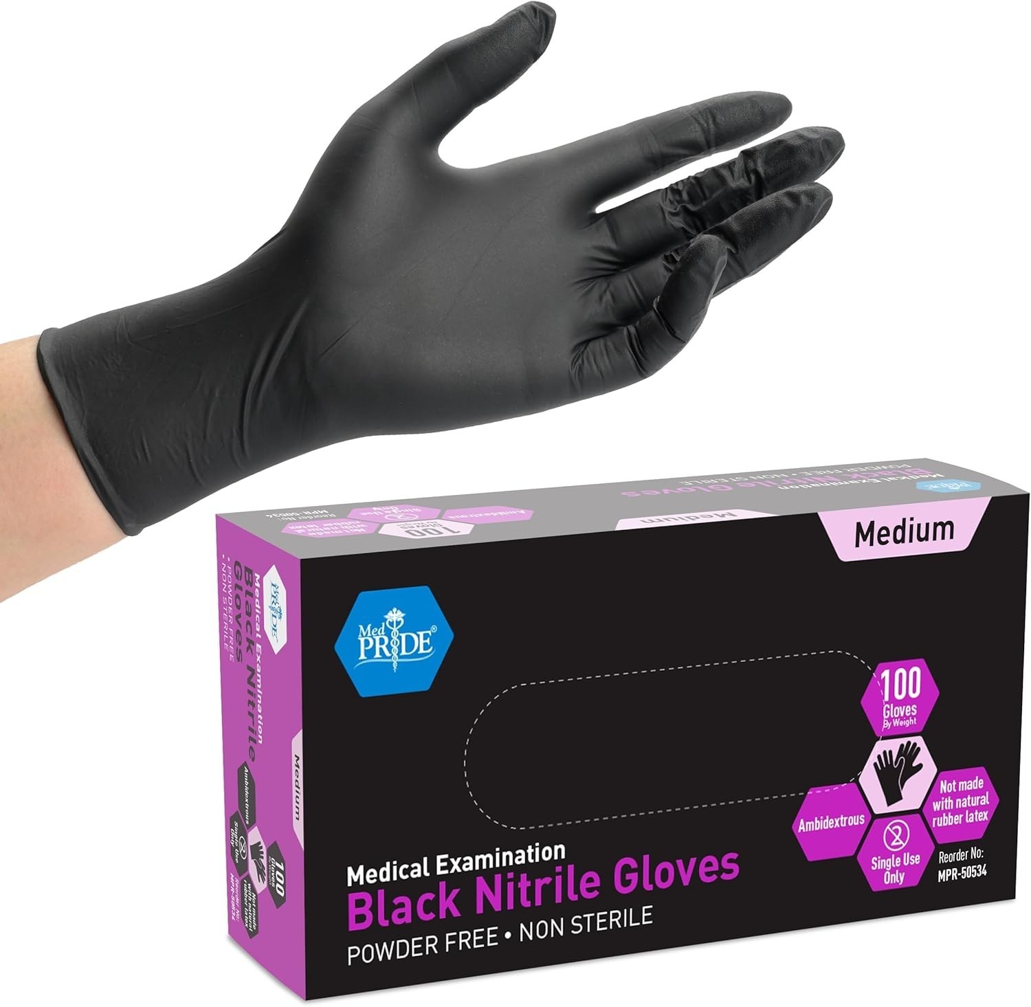 Medpride Nitrile Medical Examination Gloves-Medium-Box of 100 Gloves, Black