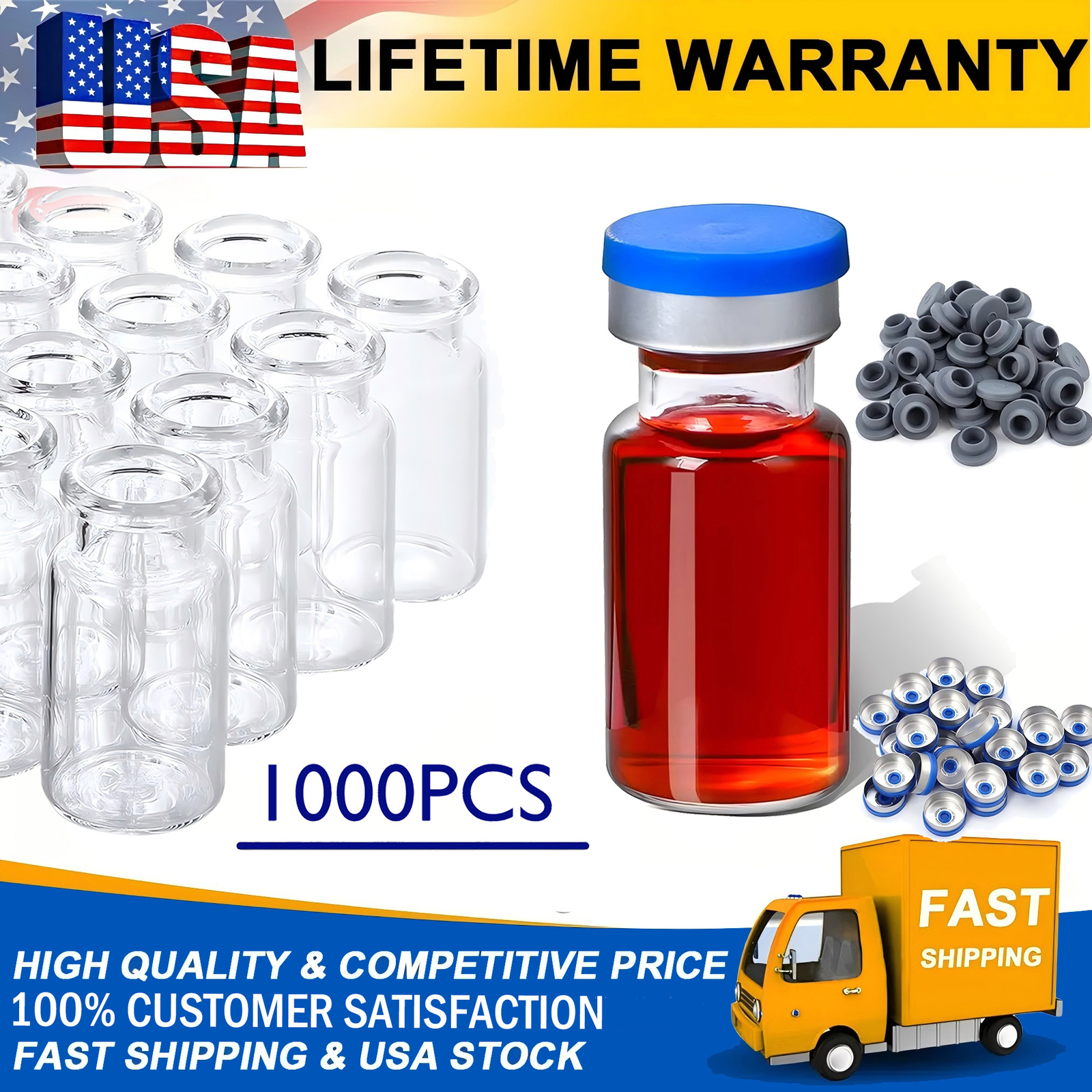 1000Pcs 10ml Vials Glass Clear w/ Plastic-Aluminum Caps and Rubber Stoppers USA