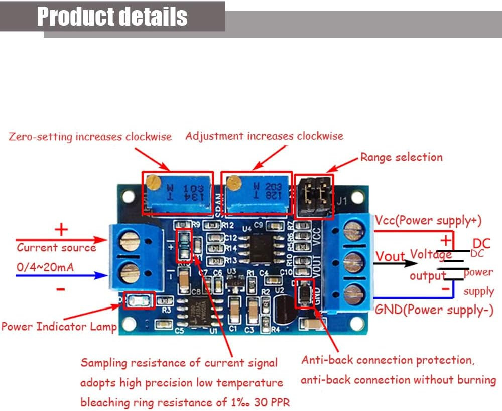 2Pcs Current to Voltage Converter Module 0/4-20Ma to 0-3.3V 0-5V 0-10V Voltage T