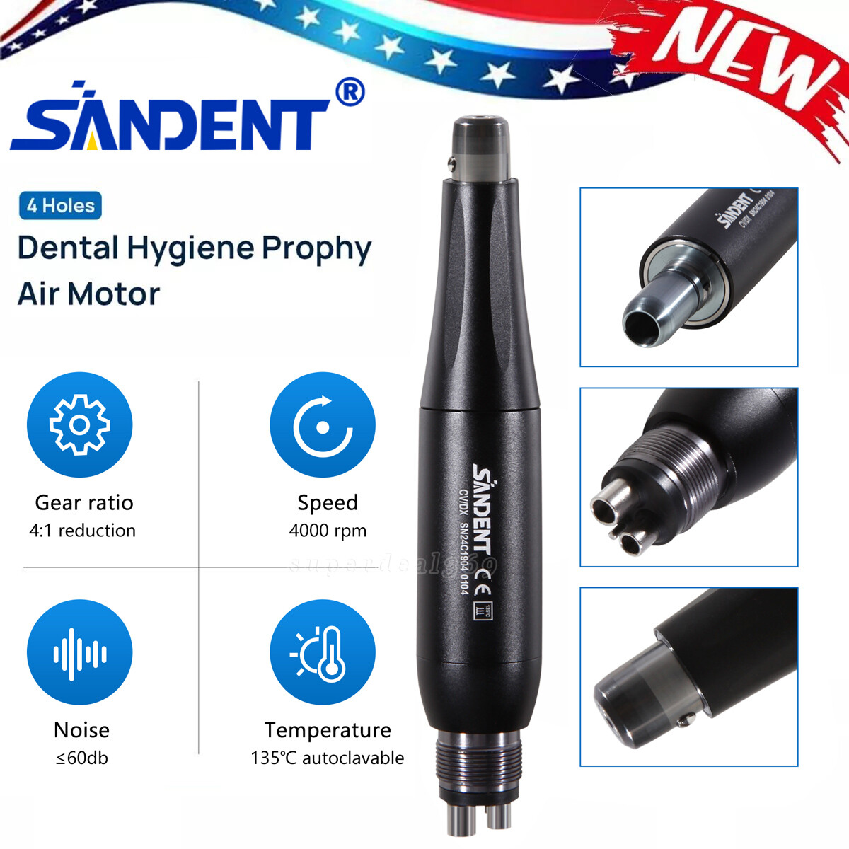Dental 360° Swivel Hygiene Prophy Handpiece Air Motor 4:1 Cone 4 Holes 4000 rpm
