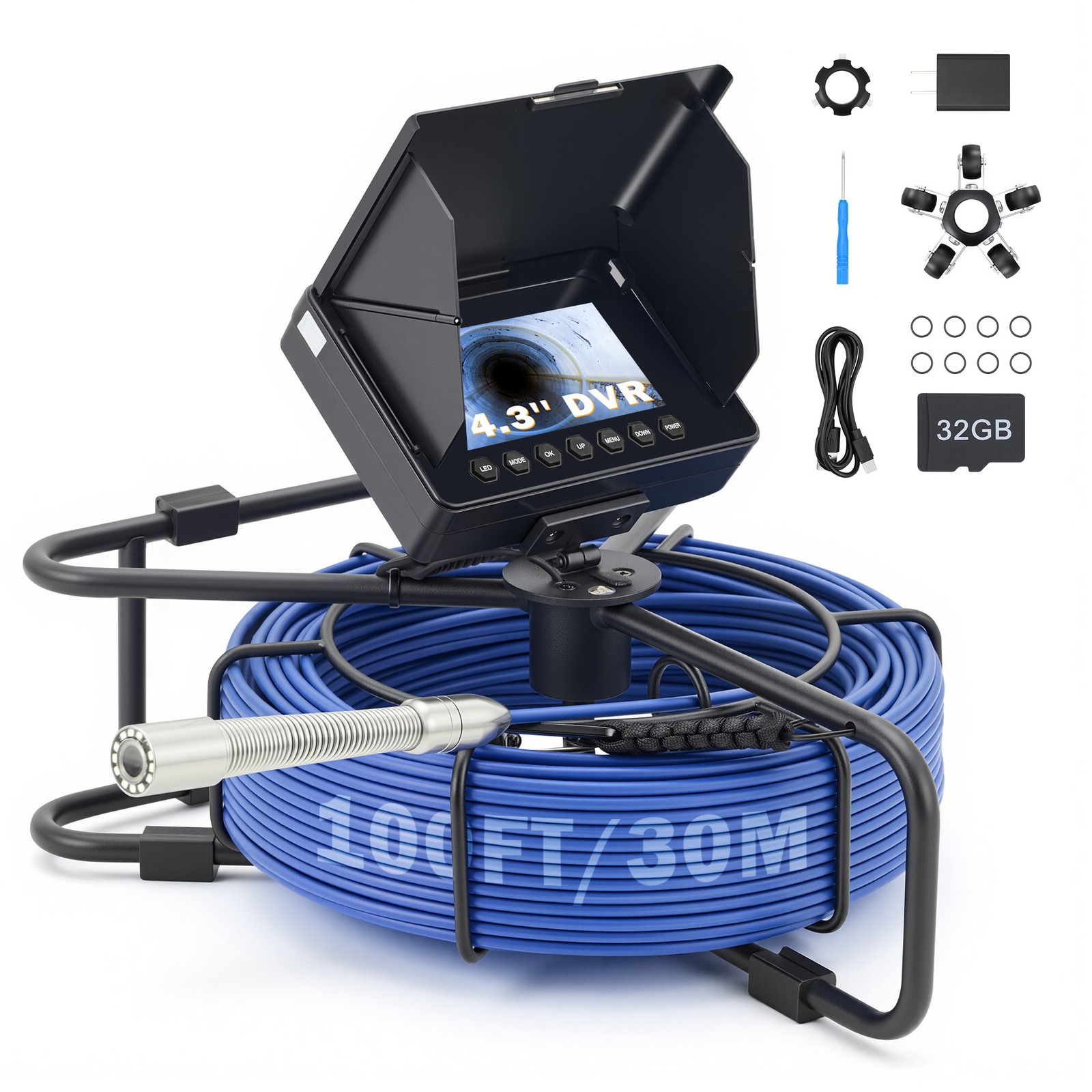 4.3 in Sewer Camera w 98ft/30m Cable Length Marker 8500mAh Sewer Inspection 32GB