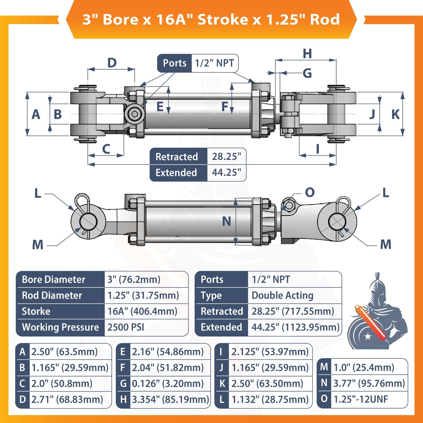 3x16A Hydraulic Cylinder 3″ Bore 16 ASAE» Stroke Double Acting Tie-Rod Cylinder