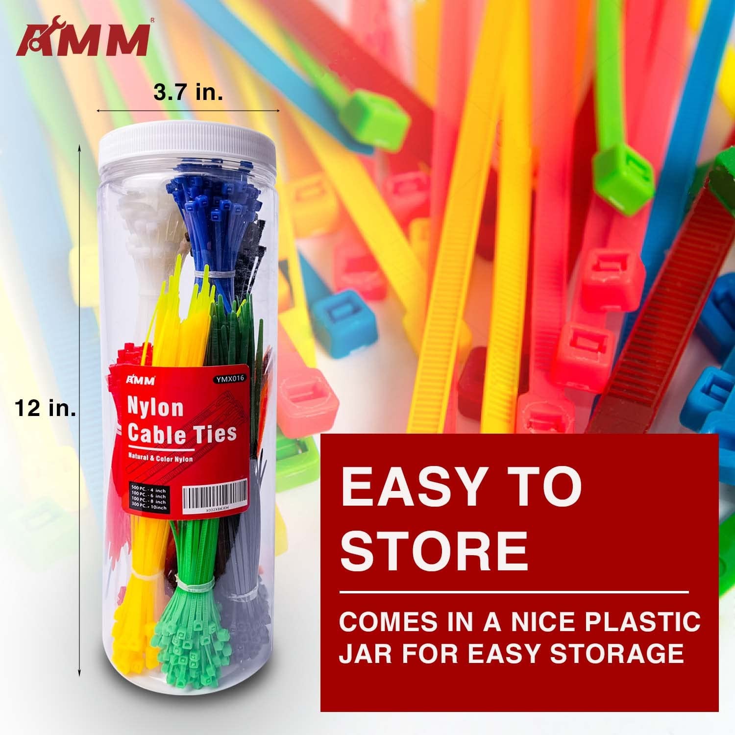 AMM Cable Zip Ties，1000 Pack colored zip ties Assorted Sizes 4, Multicoloured