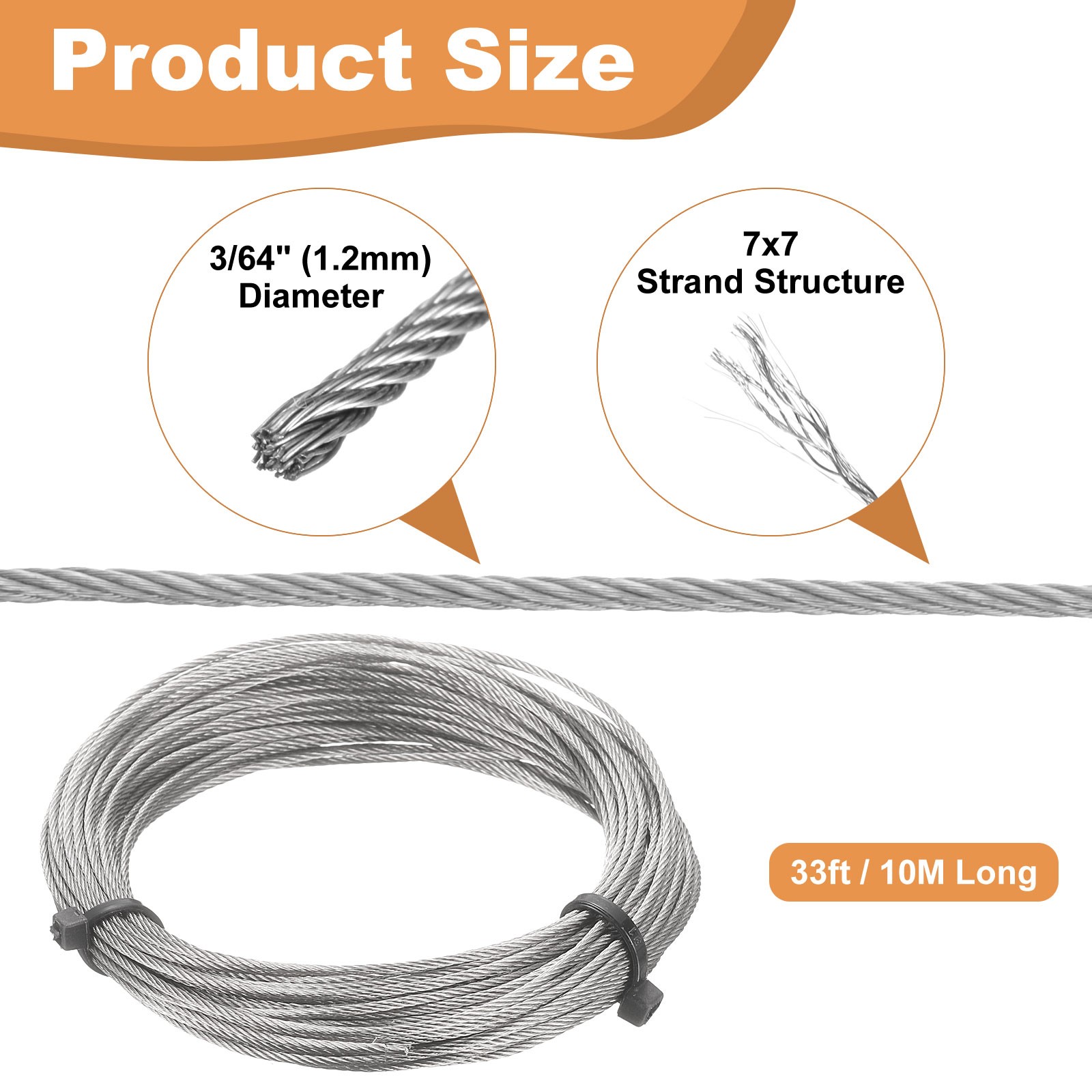 33ft (10M) 1.2mm Stainless Steel Wire Rope 7×7 Strand with 20pcs Loop Sleeves