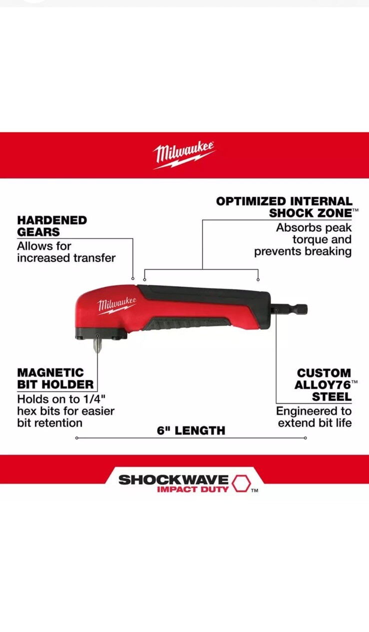 New Milwaukee SHOCKWAVE Impact Right Angle Adapter w/ Optimized Shockzone