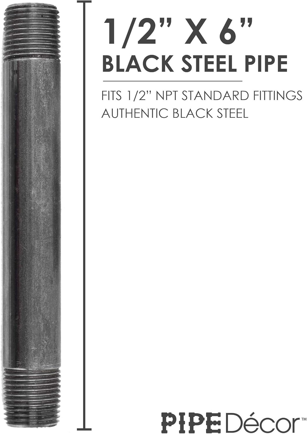 1/2” X 6” Malleable Cast Iron Pipe Nipple, Pre Cut Connectors, Industrial Steel