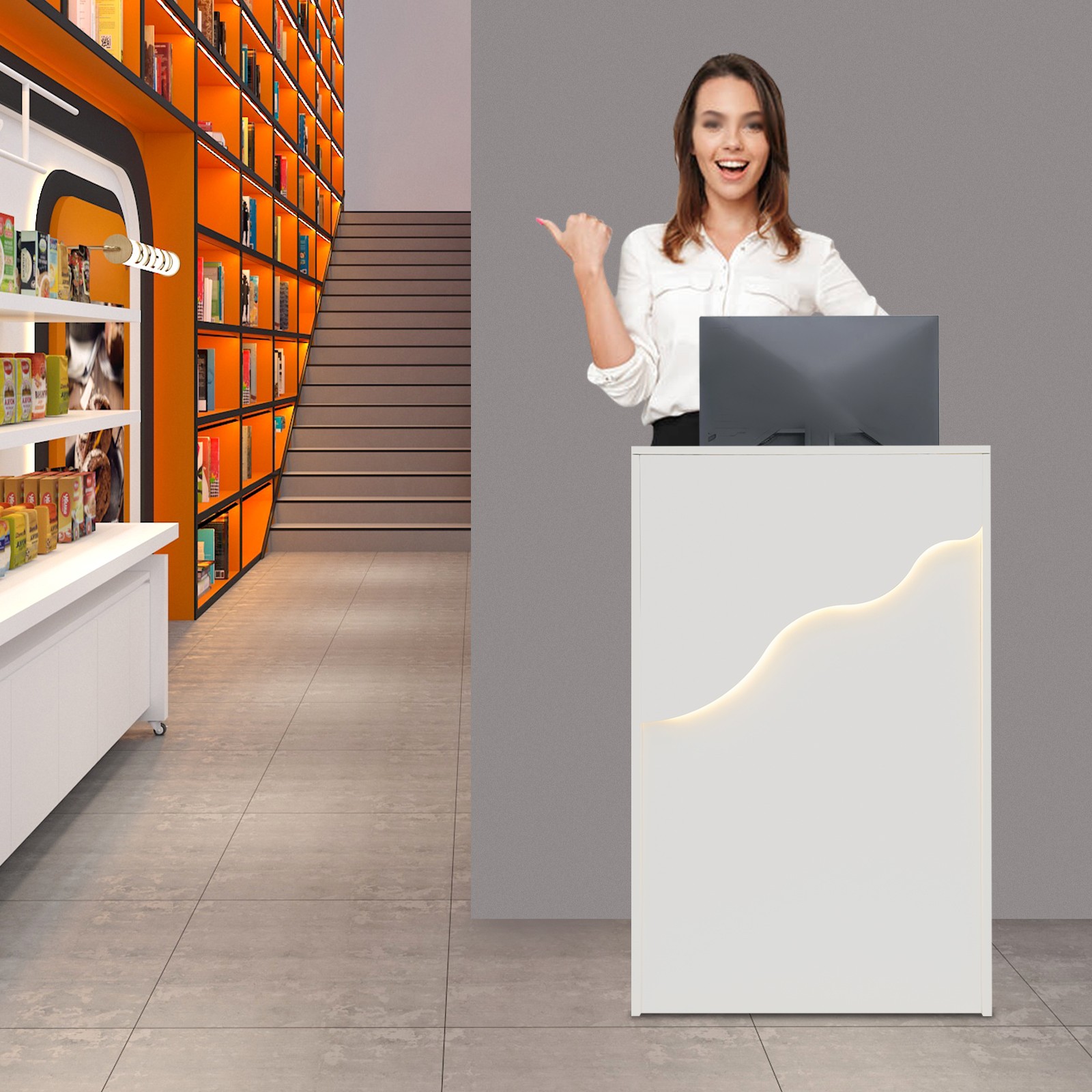 Reception Desk with LED Light, Checkout Counter Reception Desk W/ Storage Drawer