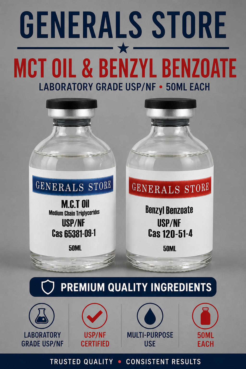 MCT Oil – C8/C10 USP/NF + Benzyl Benzoate USP/NF 50mL Glass Vial Set USA