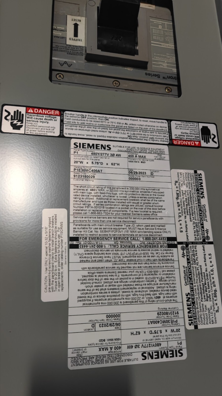 SIEMENS 400 AMP PANELBOARD 480 277V MLO 3PH/4W 30 Cir w USED MAIN NEMA 3R Outdoo