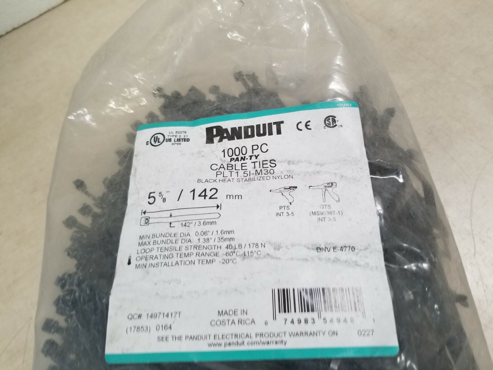 1000 Cable Ties Panduit Pan-Ty 5.6″ 40LB Black Weather Resist Nylon PLT1.5I-M30