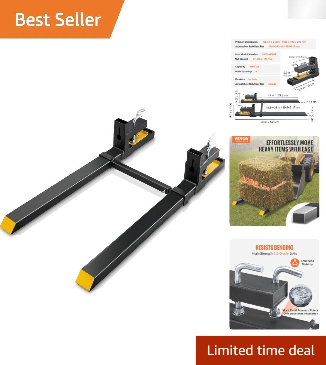 Alloy Steel Pallet Forks 60″ – 4000 lbs Capacity with Easy Clamp Installation