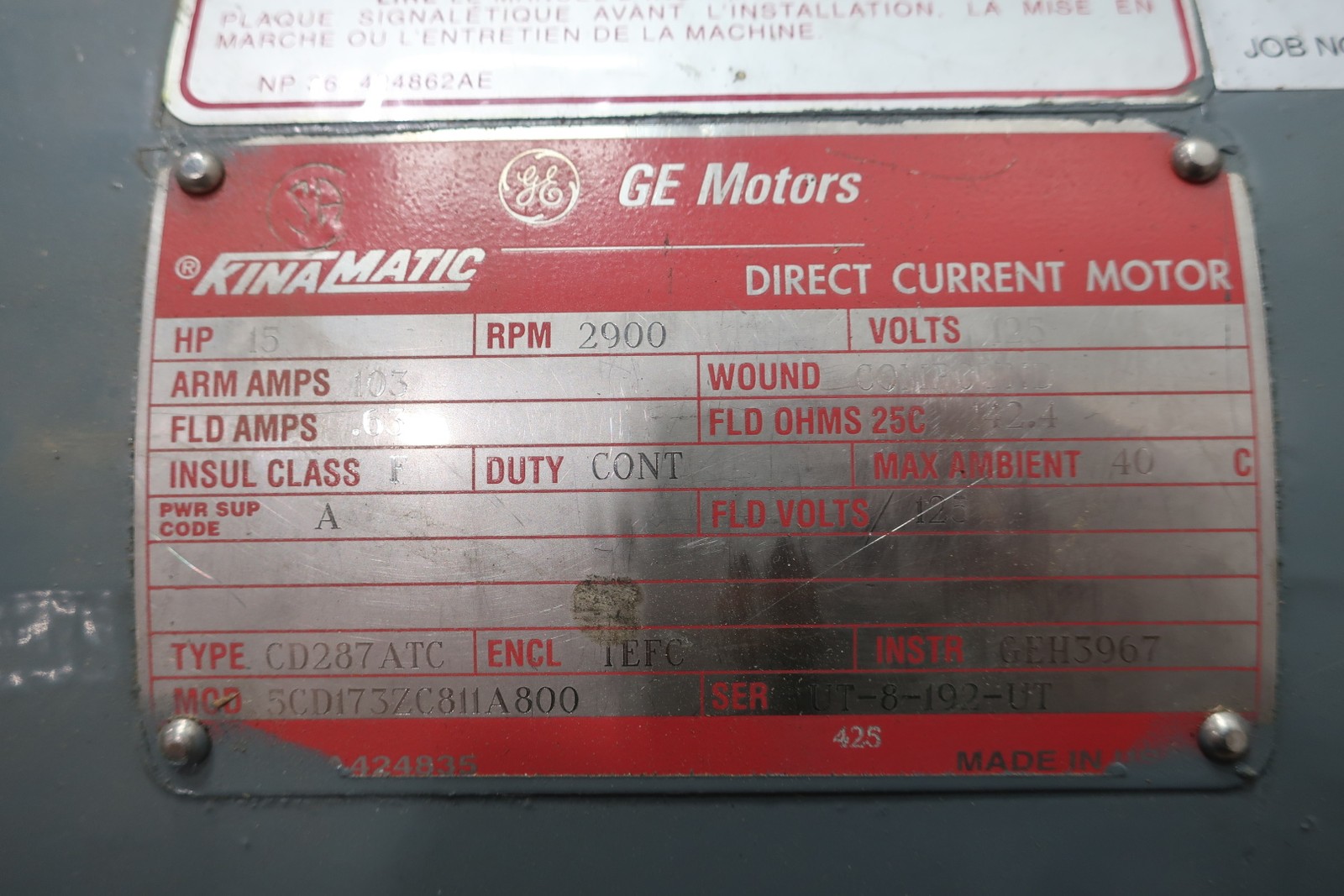 General Electric 5CD173ZC811A800 Kinamatic Motor Cd287atc 15hp 2900rpm 125v-dc