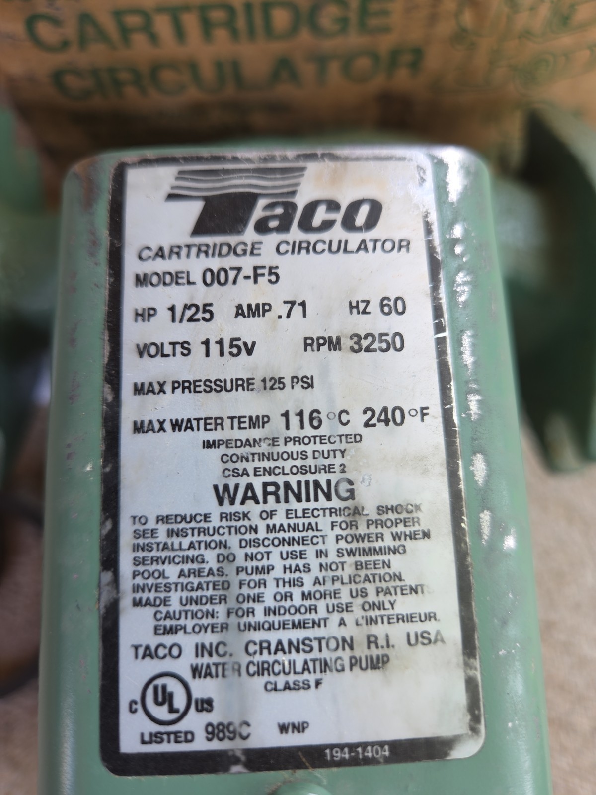 Taco 007-F5 Cartridge Circulator Pump Cast Iron 115V 1/25 hp 00 Series (Shed)