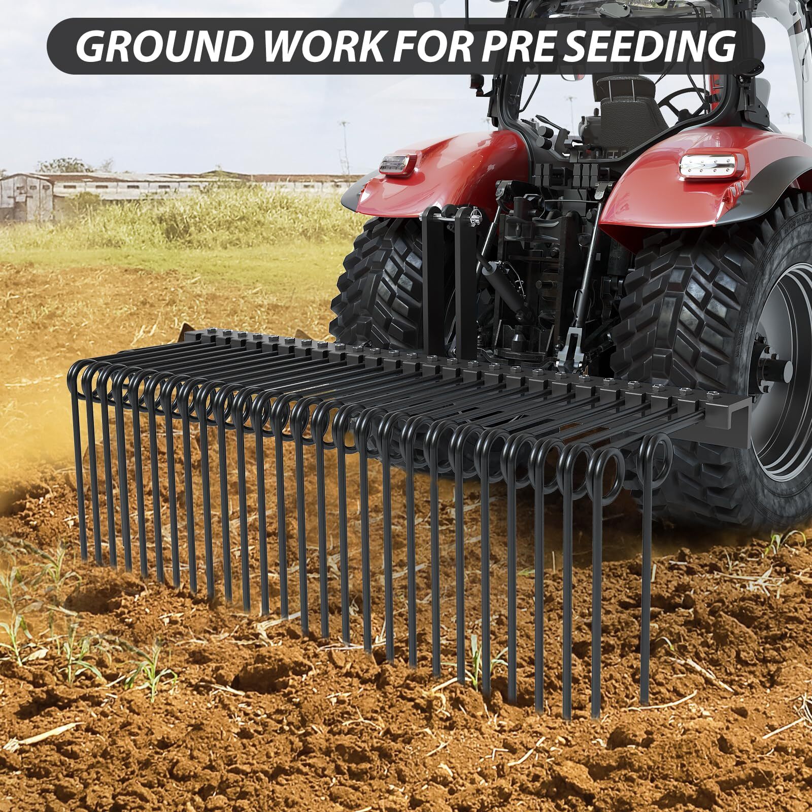 60″3-Point Tractor Rake,Durable Powder Coated Steel Spring Landscape Rake,Cat0&1