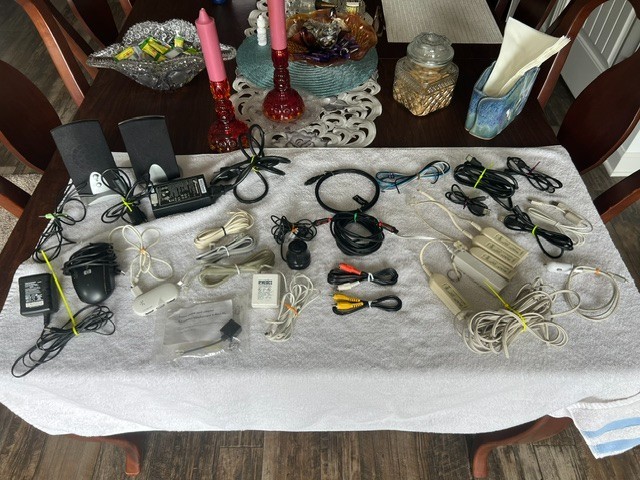 LOT OF MISC COMPUTER / PHONE / TV CABLES WIRES SPEAKERS CHARGERS