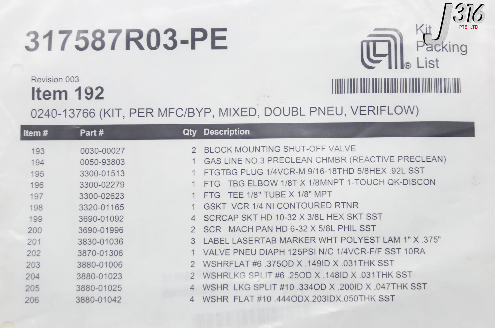 C1809 APPLIED MATERIALS KIT, PER MFC/BYP, MIXED, DOUBL PNEU, VERIFLOW 0240-13766