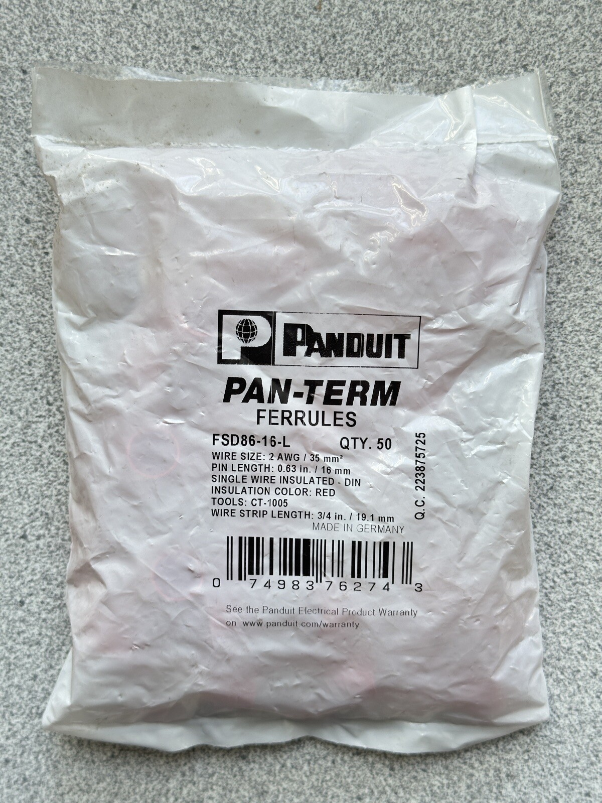 NEW 50 Pack PANDUIT FSD86-16-L Ferrule Red 2 AWG, 16mm Pin Length, lot of 50 pcs