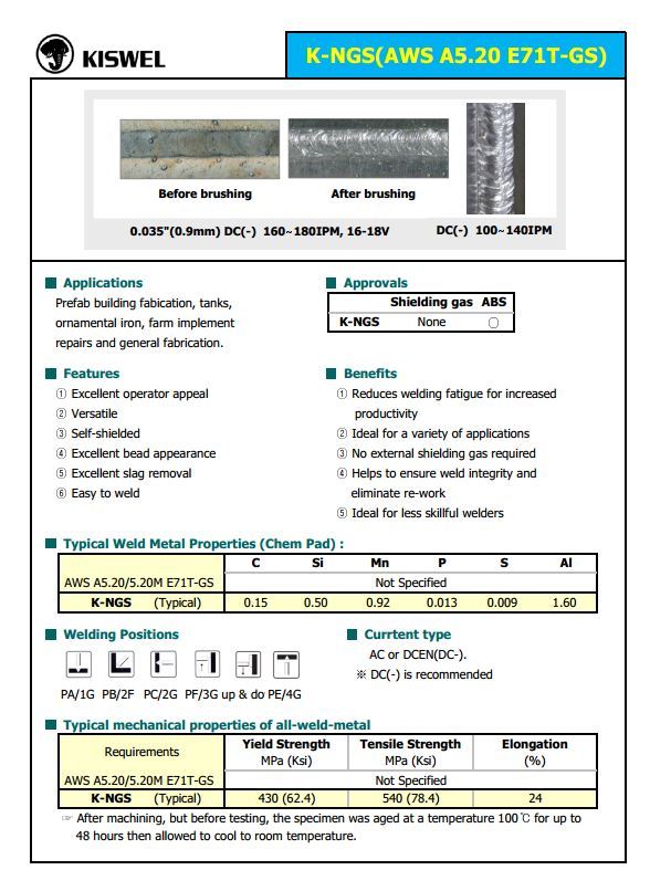 (Made In USA) K-NGS E71T-GS .035in. Dia 2lb Gasless-Flux Core Wire Welding Wire