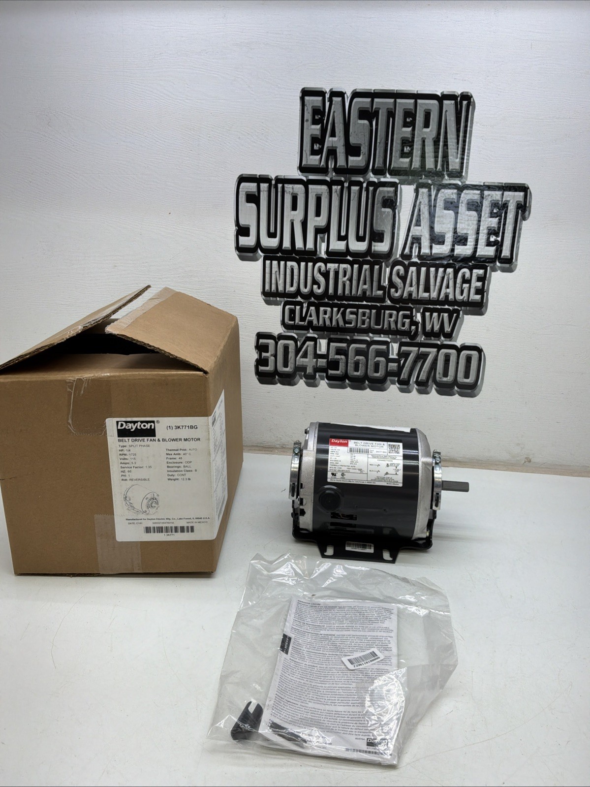 Dayton Belt Drive Fan & Blowing Motor 115V HZ 60 Type: Split Phase 3K771BG NIB