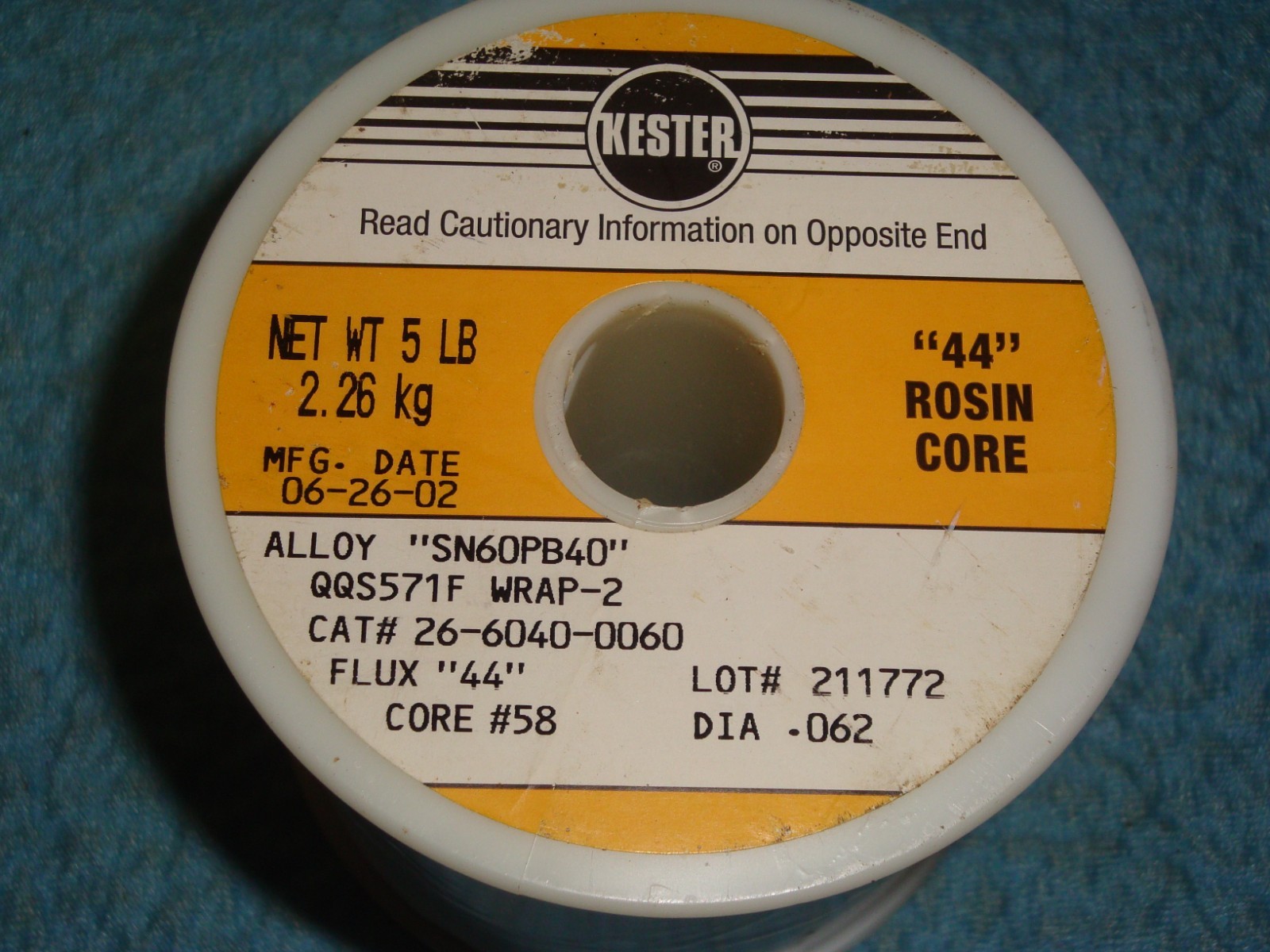 Kester 44 Rosin Core Solder Dia .062 5LBS