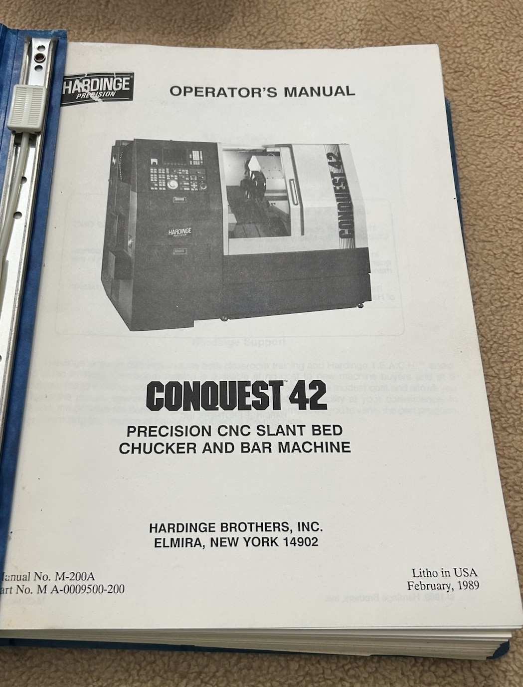 Hardinge Conquest 42 CNC Chucker & Bar Machine Operators/Programmers Manual 1989