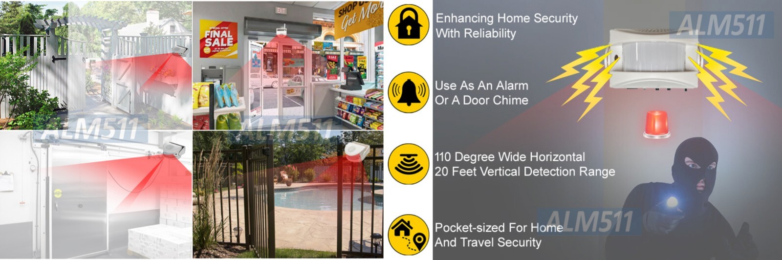 Stand Alone 2-In-1 Motion Detector Alarm Door Chime With 90dB Siren Chime Sound