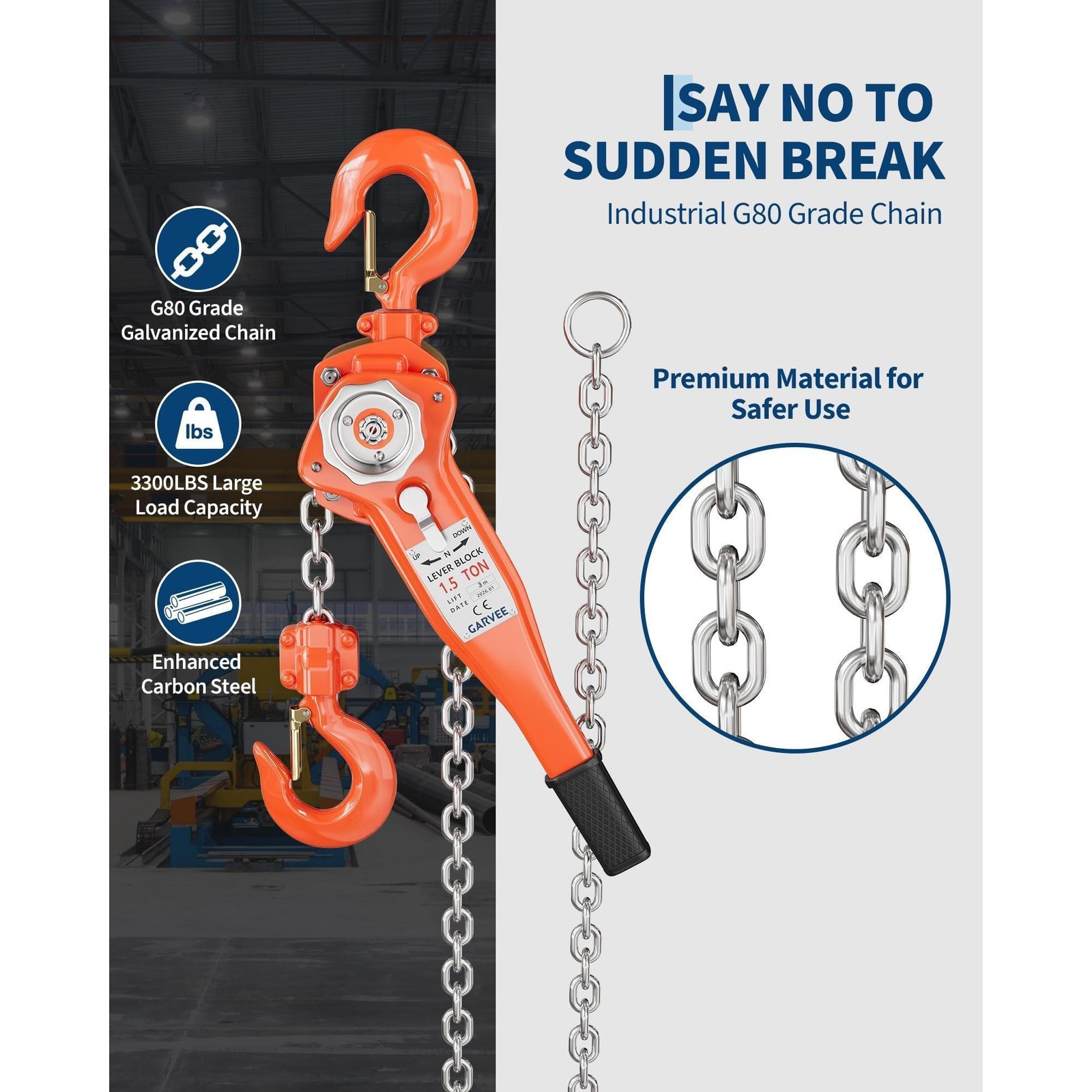 1.5 Ton 3300LBS Lever Chain Hoist Come Along Winch 360 Swivel Hook G80