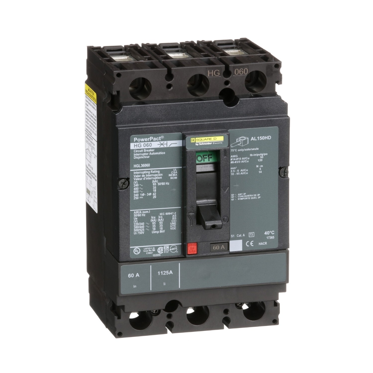 Square D HGL36060 Circuit Breaker – 60A, 3 pole, 600VAC, 18kA – Made in Mexico