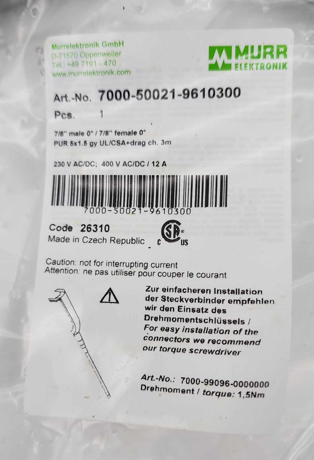 MURR 7000-50021-9610300 7/8″ MALE TO FEMALE CONNECTOR STRAIGHT (3m)