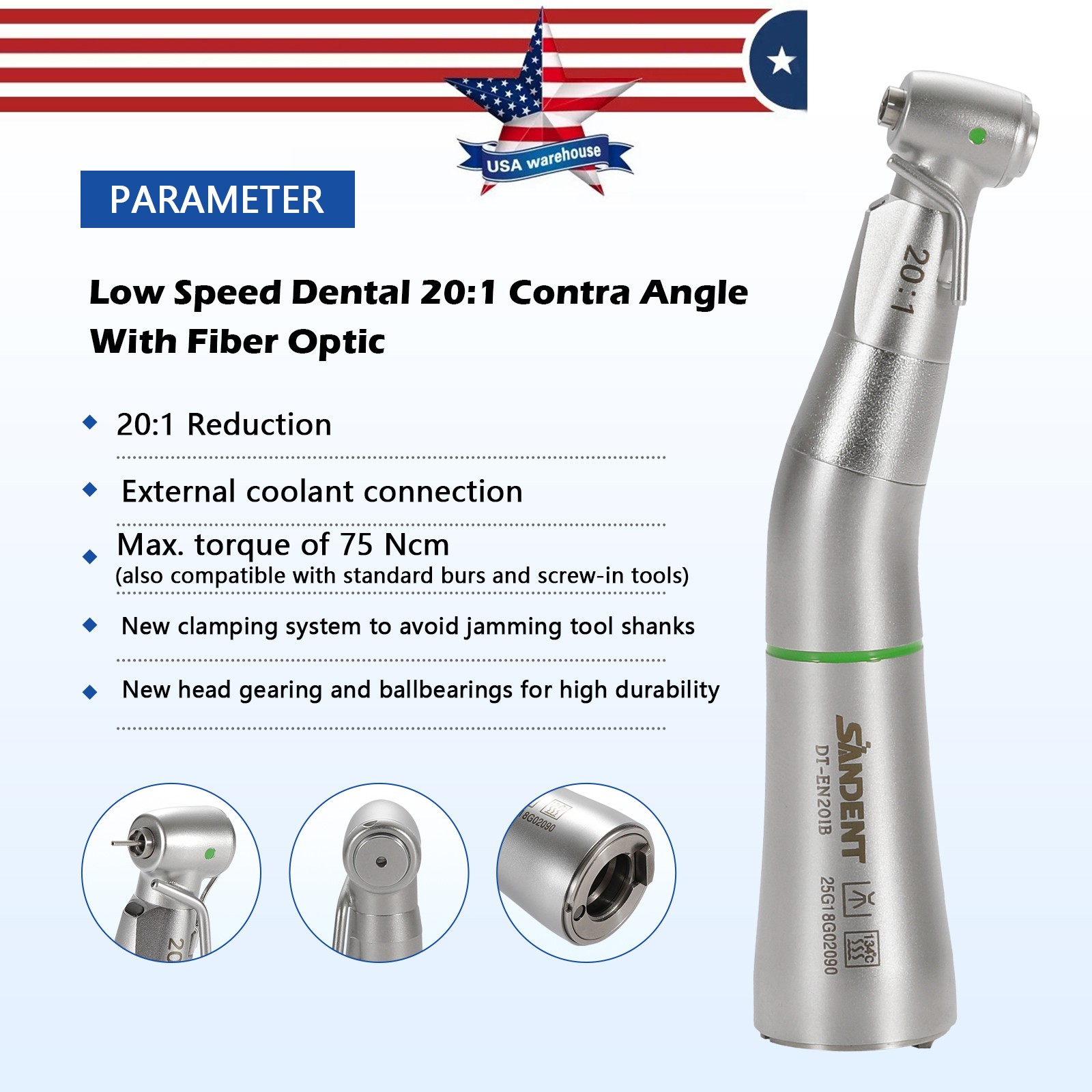 LED SANDENT 20:1 Contra Angle Fiber Optic Electric Handpiece External Spray