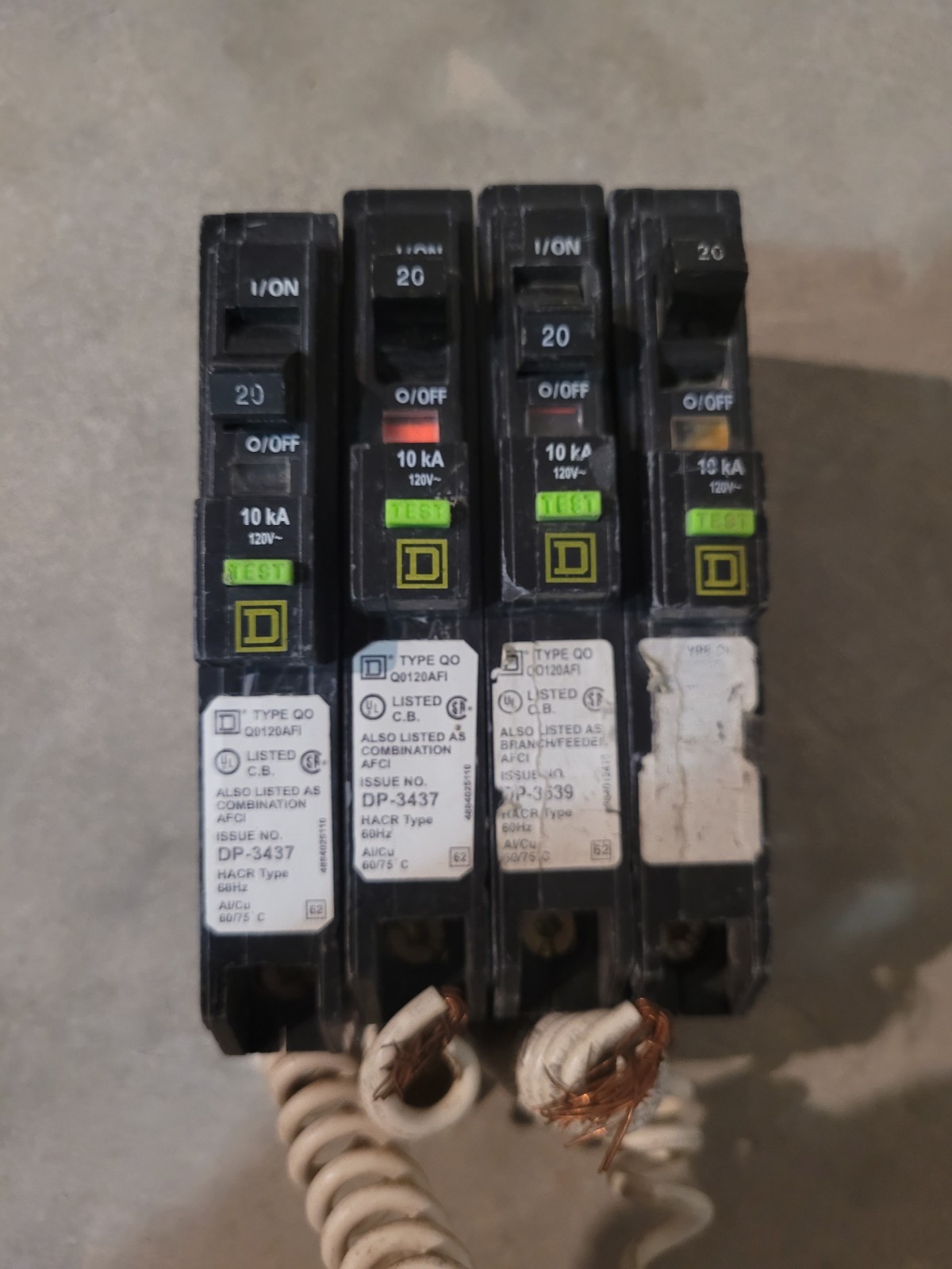Square D QO120AFI Arc Fault Circuit Breaker, 20A, 1P, 120V-Lot of 2