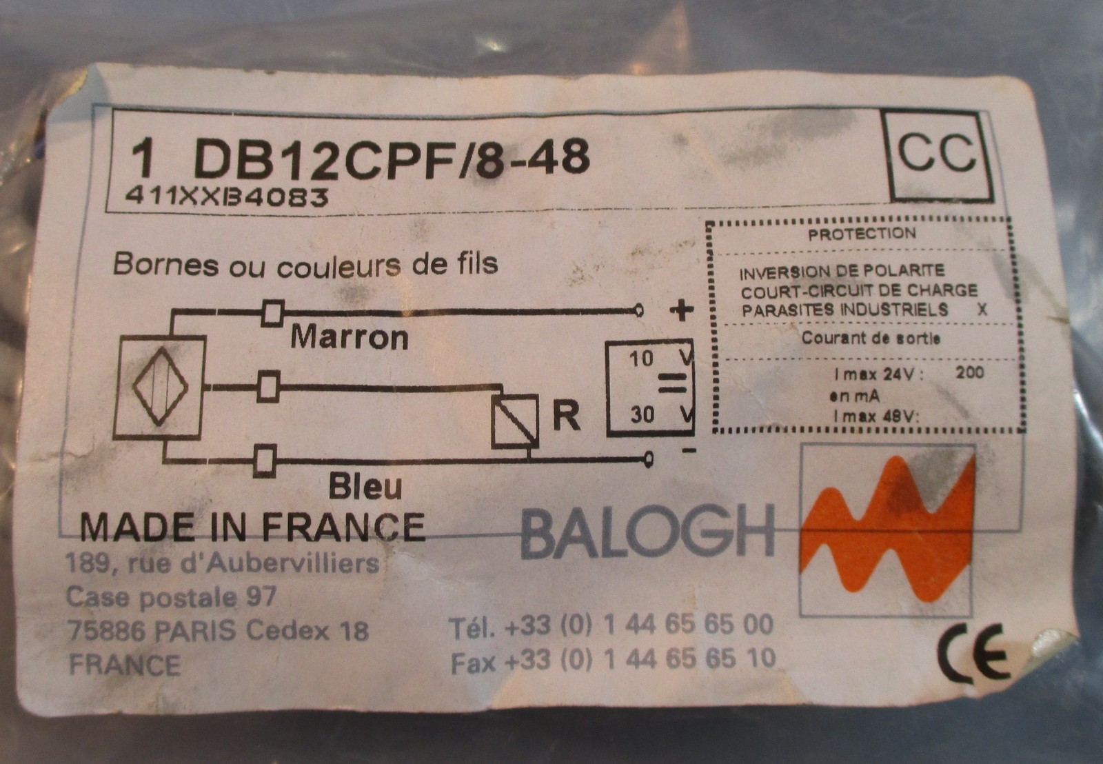 Balogh DB12CPF/8-48 DB12CPF 411XXB4083 Proximity Sensor Nos