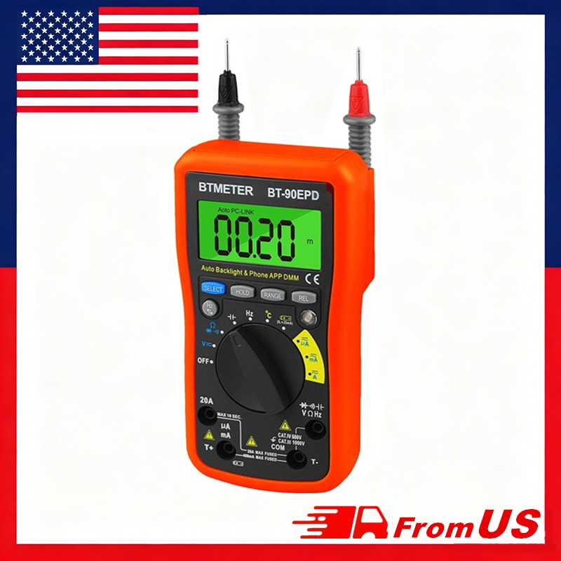 Multimeter Bluetooth 1832°F 5.12MHz 1000V 20A 4000C Auto-Range Data Hold Backlit