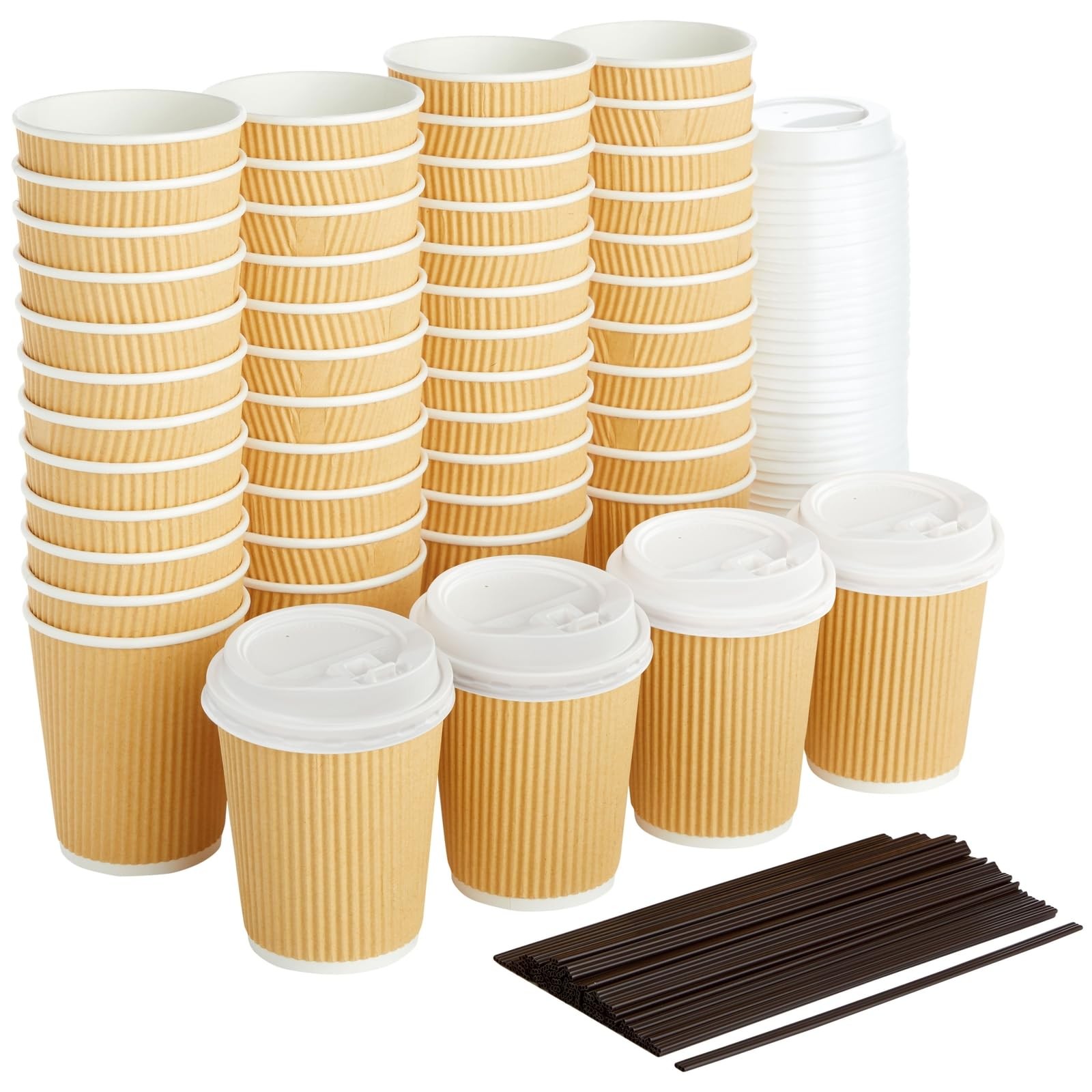 Juvale Disposable Coffee Cups with Lids & Straws 50 Count (Pack of 1), Brown