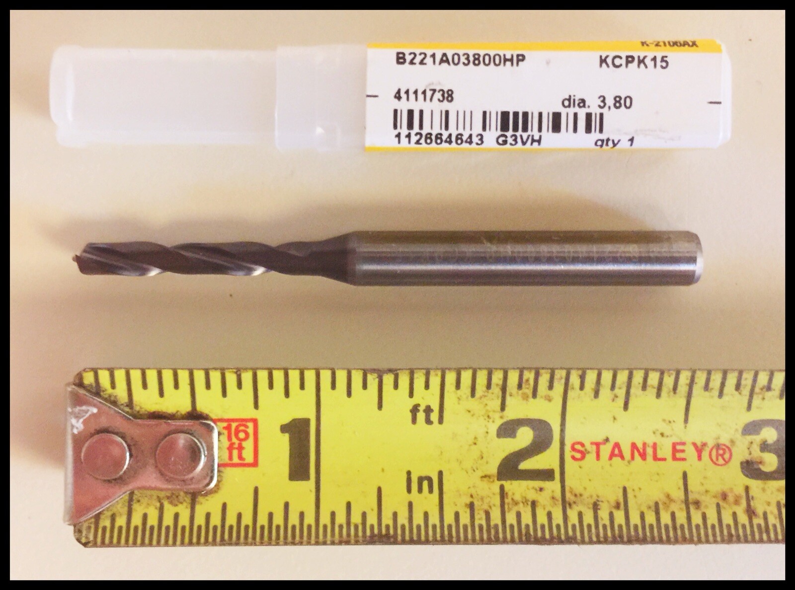 Kennametal B221A03800HP 3.800MM KCPK15 8X Ø Dynapoint Carbide Drill TiAlN COATED