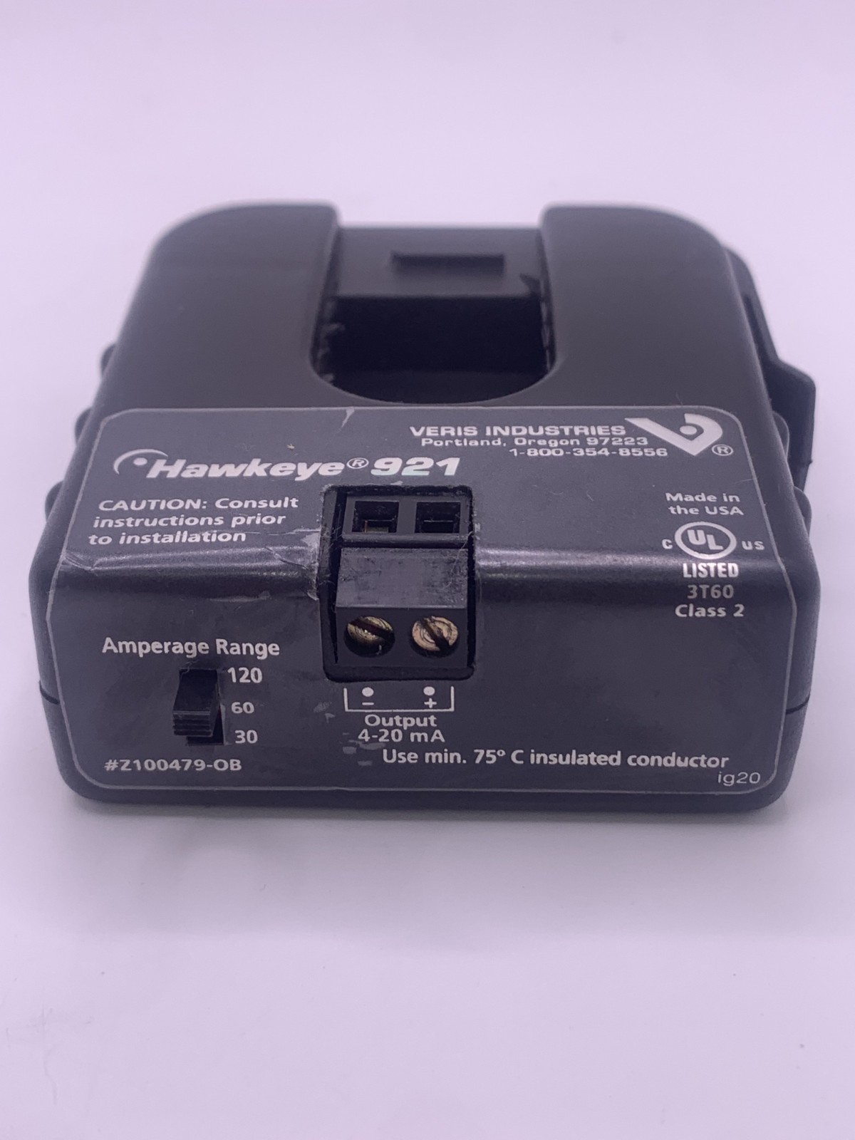 Veris Hawkeye H921 Split-Core Current Transducer, 4-20mA, 30-60-120A, USED